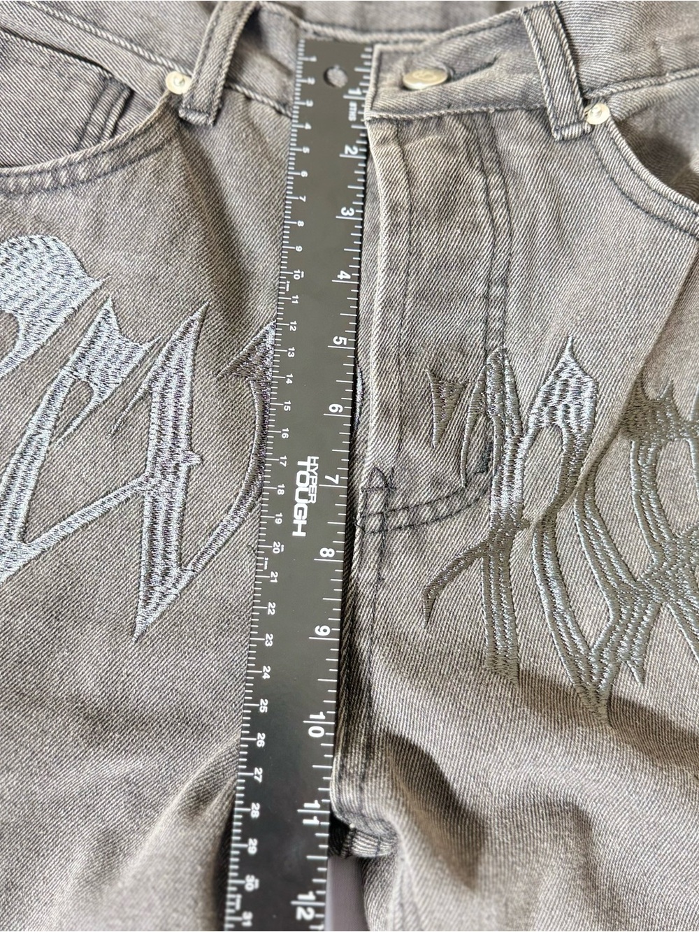 Revenge Clothing Gray Slim Straight Jeans with Mint Embroidered Logo - Picture 4 of 9